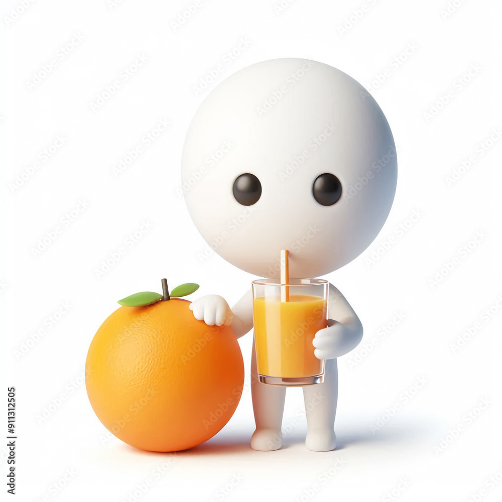 Wall mural 3D white figure drinking orange juice. Healthy living concept