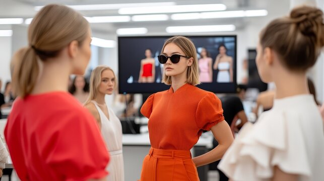 A bustling model agency office during a casting session. Models are posing and interacting with agents while a large monitor displays fashion shows and portfolios