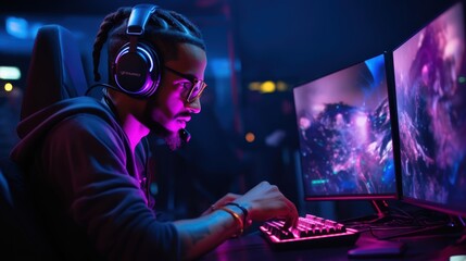 pro gamer man in headphones live streaming while playing online computer game, neon lights, esports,  gaming, monitor, play, young, player, internet, enjoyment, cyber,