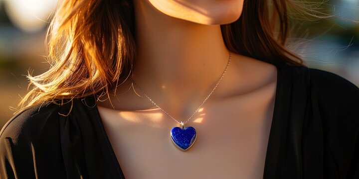 woman wearing heart-shaped lapis lazuli necklace, copy space 