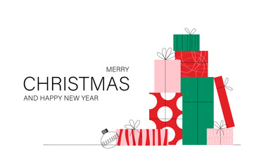 Christmas greeting card with a stack of gifts in the shape of a Christmas tree on a white background, flat style
