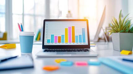 Contemporary modern workspace showcasing a laptop alongside insightful data visualization graphs to enhance productivity and analytics