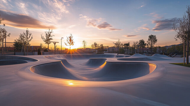Concrete skatepark in the glow of the setting sun, with distinctive pipes and jumping obstacles.