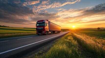 The setting sun creates a warm, golden glow over the rural fields as the truck moves along the asphalt road.