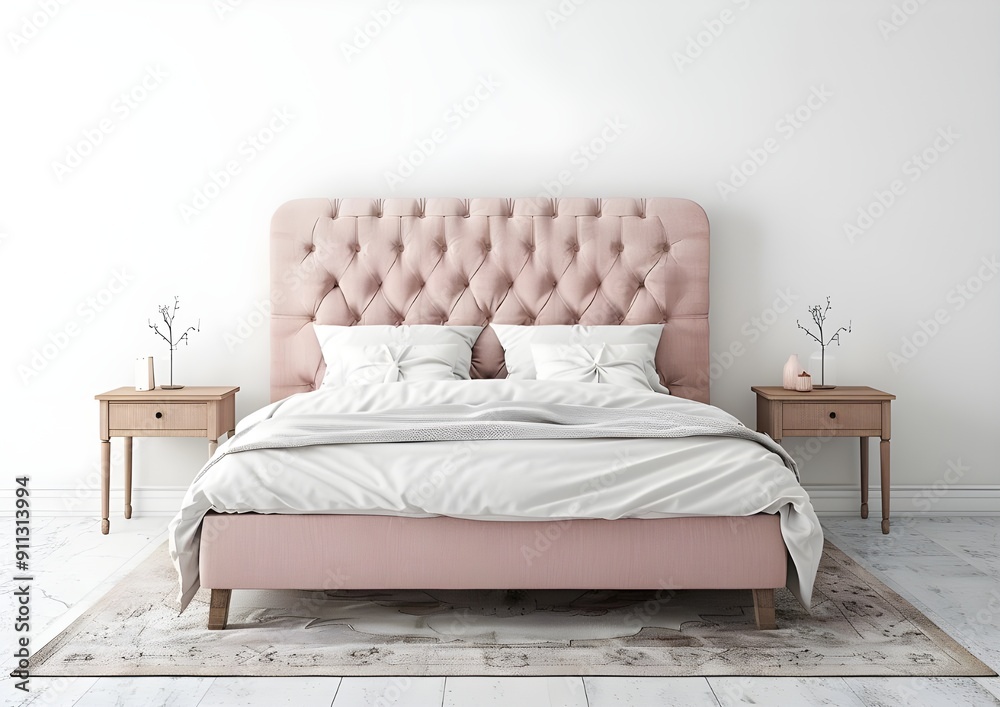 Canvas Prints white wall, light pink bed with white and beige bedding, wooden floor, two bedside tables, white bac