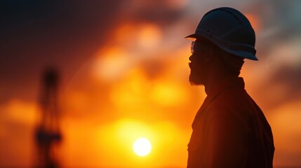 An oil rig worker in a helmet and coveralls, operating heavy machinery on a platform