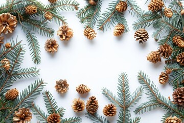 Naklejka premium christmas wallpaper with pine cones and fir on white background with copy space in the middle. Season greetings concept
