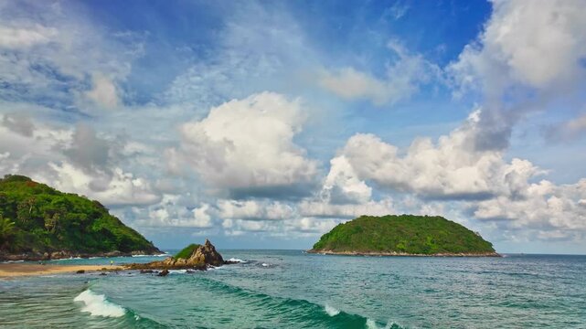A white wave hits the rock in slow motion.
turquoise sea around Ya Nui beach.
Ya Nui beach is the good place for swimming snorkeling and sea canoe. Separated sea During low tide. white foam splashing