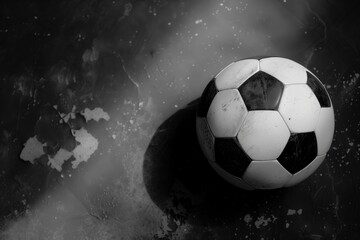 Fototapeta premium Classic soccer ball rests on a dark textured concrete ground with dramatic spotlight casting a strong shadow.