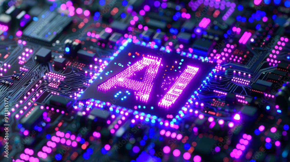 Poster Processor or microchip with AI text on circuit board. Artificial intelligence background illustration. Core of artificial intelligence machine with neon light of energy. computer technology, data