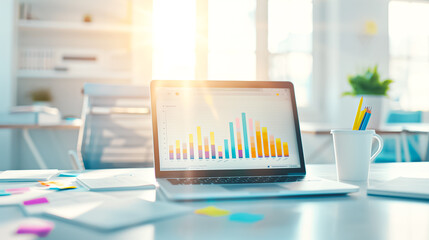 Contemporary modern workspace showcasing a laptop alongside insightful data visualization graphs to enhance productivity and analytics