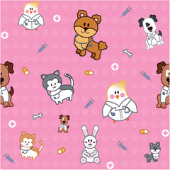 Vector pattern children's print veterinary animals pet vet dog cat rabbit syringe medicine animal health