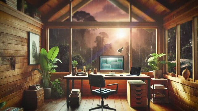 Cozy home office space with pc and laptop in front of large windows of wooden hut in the middle of rainy rainforest, sunbeams of the setting sun shine through the window, animation ai cozy places
