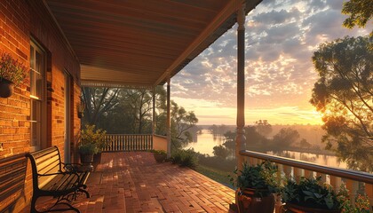 Fototapeta premium Scenic 8K porch overlooking the Murray River at sunset, photorealistic image, native Australian gum trees, vibrant orange sky, empty bench and potted plants