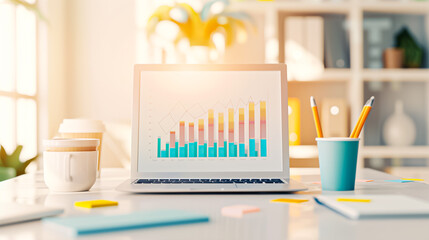 Contemporary modern workspace showcasing a laptop alongside insightful data visualization graphs to enhance productivity and analytics