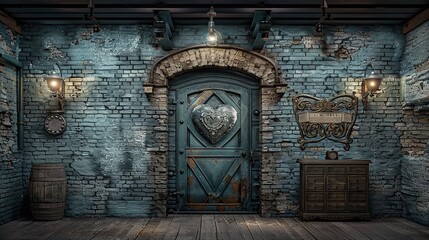   A blue brick room with a wooden heart-shaped door