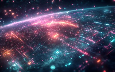 Obraz premium Data Synergy with Glowing Nodes and Pathways Over a Global Map