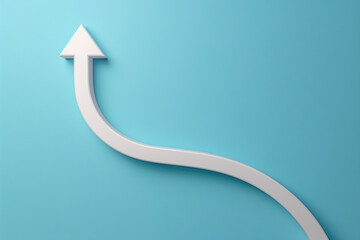 Minimalist image of a white upward arrow with a curvy path against a light blue background, symbolizing growth, progress, and direction.