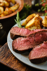 Close-up view of sliced roasted beef steak with baked potato wedges