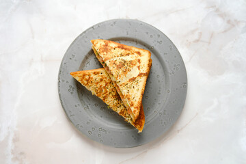 Overhead view of club sandwich with shrimps