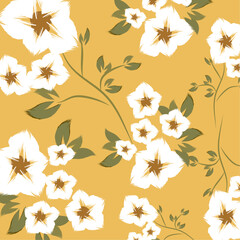 A yellow background with textile of flowers are distributed evenly, creating a balanced and aesthetically pleasing design used in clothes pattern vector, illustration