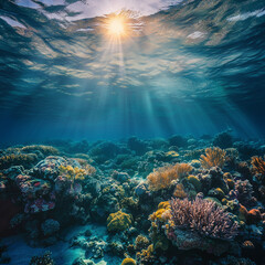 Obraz premium Diverse marine life in a vibrant coral reef, clear waters, and rays of sunlight filtering through