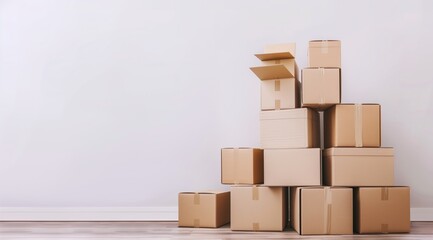 Obraz premium Stack of Cardboard Boxes in a Room with White Walls and Wood Flooring