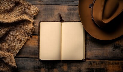 Top view of an open notebook on the table, next to it is a cowboy hat and burlap fabric against a wooden background