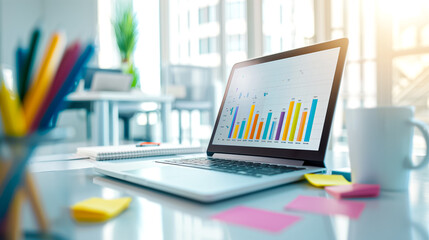 Contemporary modern workspace showcasing a laptop alongside insightful data visualization graphs to enhance productivity and analytics