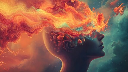Exploding Mind with Swirling Creativity and Emotions Against a Gradient Background