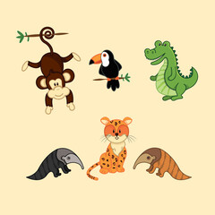 Obraz premium Vector pattern characters animals. Children's print wild animals jaguar toucan monkey anteater alligator dark background with nature foliage