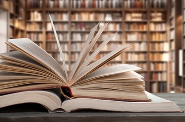 Set of reading books on table in library, education