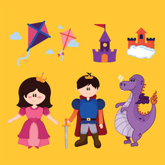 Children's Vector character princesses, knights, and dragons on a yellow background