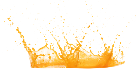 Orange Mango Juice pouring and splash as crown water. Orange Mango Juice explode bubble splash in mid air. Orange juice element water. White background isolated photography