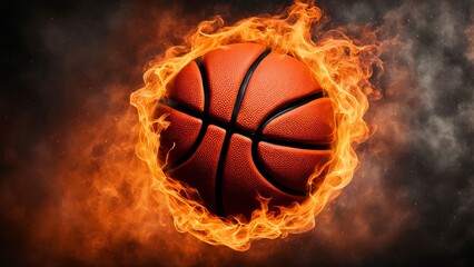 Fototapeta premium A basketball consumed by fire, set against a dark backdrop, symbolizing intense energy
