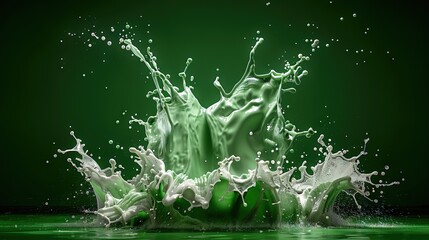   Green liquid splashes onto water background; dark green backdrop