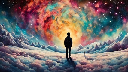 A surrealist image with triadic colors, a high-quality double exposure effect, and multiple layers, incorporating a silhouetted human figure