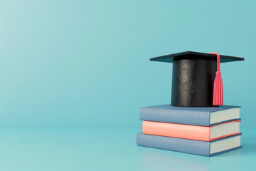 Graduation cap on stack of books against blue background, symbolizing education, learning, and success in academic achievement.