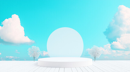 Fototapeta premium A modern podium for product design against the backdrop of a cloud, beautiful sky, cinematic lighting.