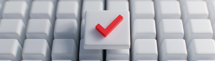 Fototapeta premium Close-up of a bright red checkmark key on a white computer keyboard, symbolizing approval, completion, or verification in a modern digital context.