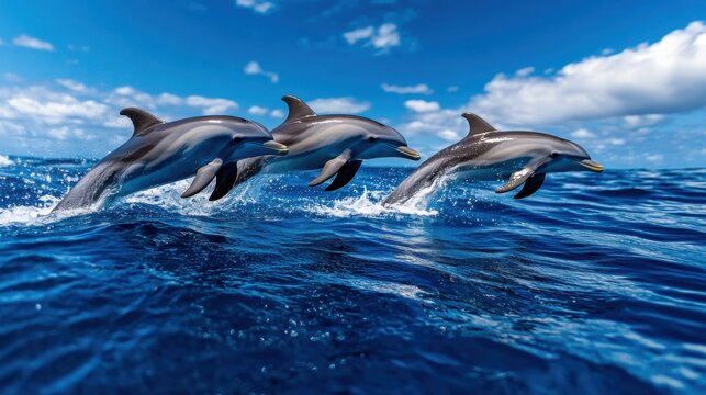 Dolphins at Play A pod of dolphins leaping through the waves in a sparkling blue sea under a clear sky