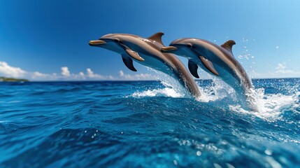 Fototapeta premium Dolphins at Play A pod of dolphins leaping through the waves in a sparkling blue sea under a clear sky