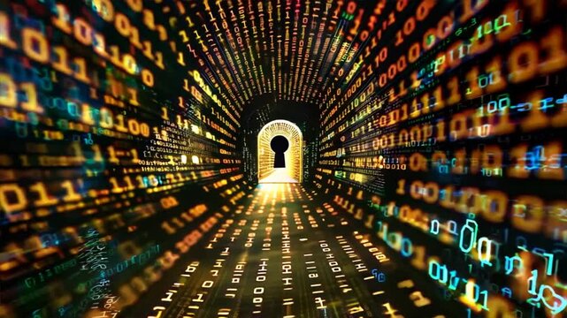 Abstract binary code background with a keyhole, emphasizing cybersecurity and encrypted data