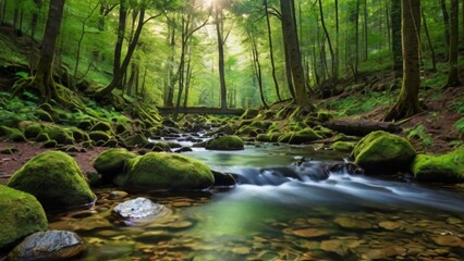 Peaceful waterfall cascading in a lush green forest, with a flowing stream surrounded by rocks and trees in a beautiful natural landscape
