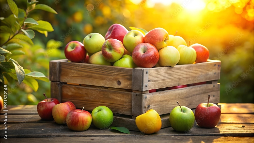 Sticker A Gathering of Crimson and Gold: Apples in a Rustic Wooden Crate  Generative AI