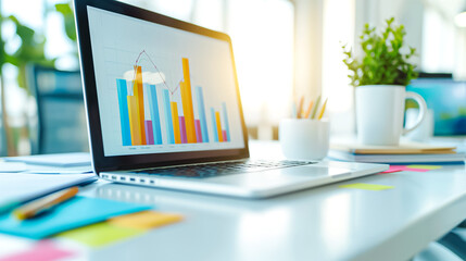 Contemporary modern workspace showcasing a laptop alongside insightful data visualization graphs to enhance productivity and analytics