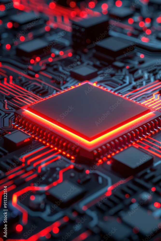 Poster close-up of an illuminated computer processor on a circuit board, emphasizing advanced technology an