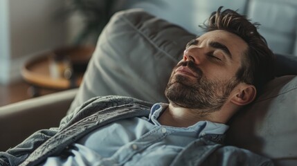 Fototapeta premium A man in his late thirties was lying on the sofa, wearing business casual clothes and relaxing with his eyes closed. Living room background. This scene conveys relaxation after work