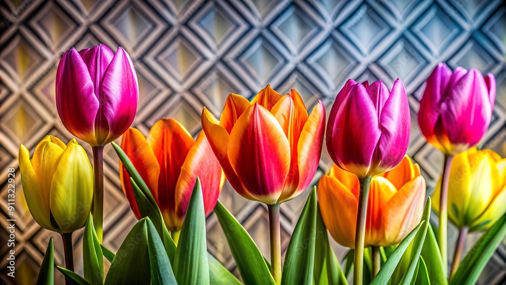 Poster A Symphony of Spring: Vibrant Tulips Against a Chic Geometric Wallpaper  Generative AI