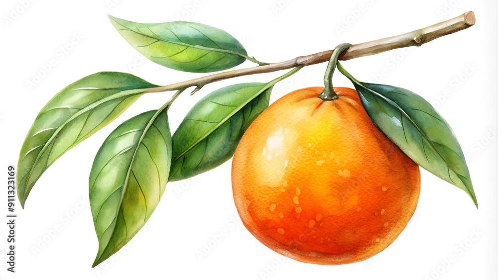 Sticker Sun-Kissed Citrus: A Watercolor Study of an Orange on a Branch  AI Generated